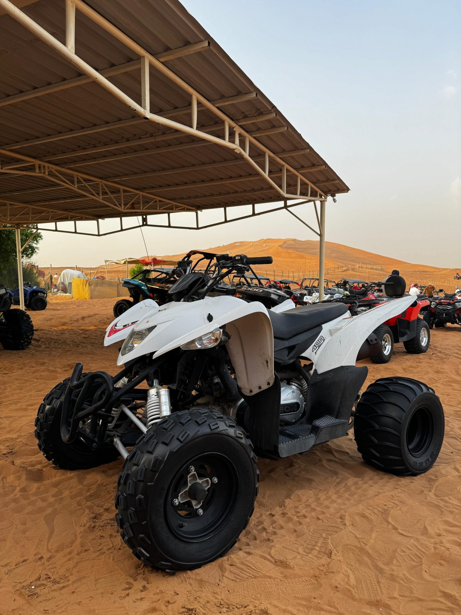 Rider posing with 400cc quad bike on the sand