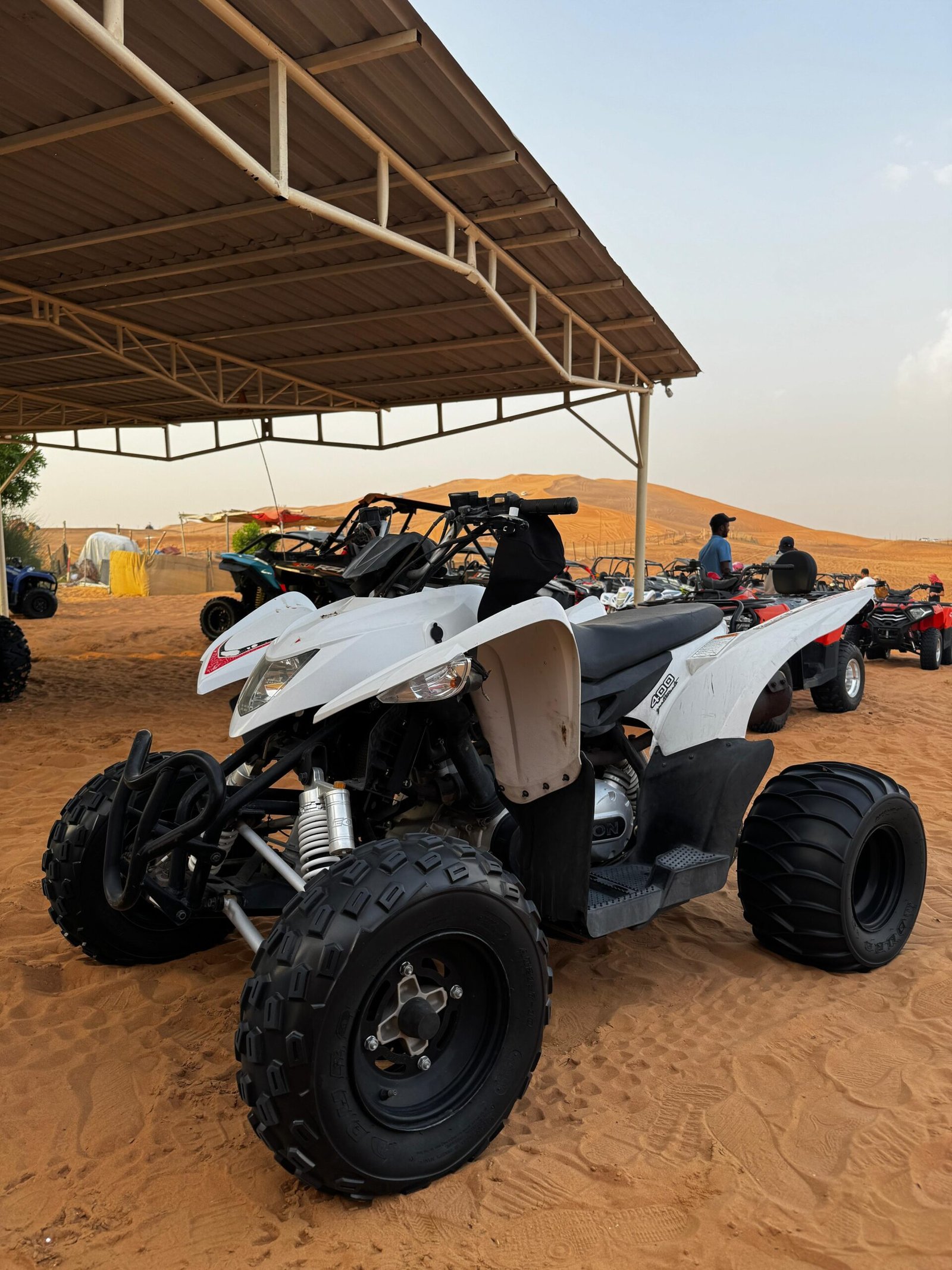 Close-up of 400cc quad bike against desert backdrop